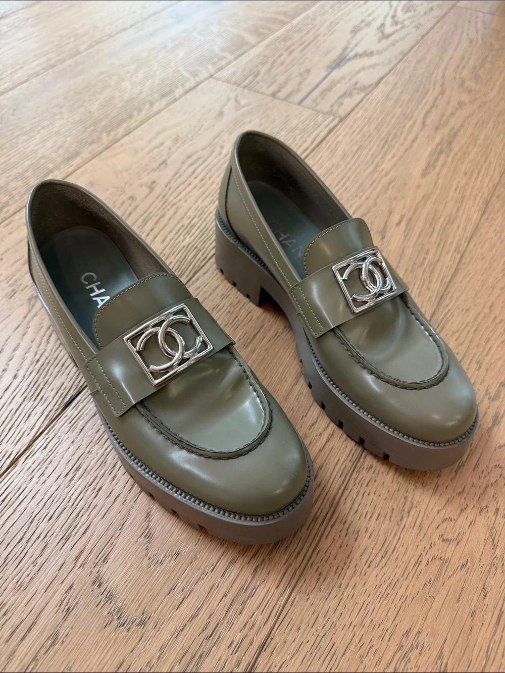 Chanel Khaki Green Leather Lug Sole Loafers